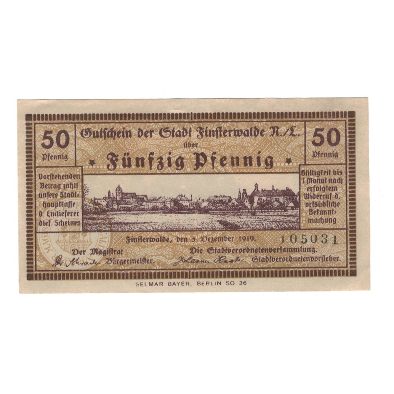 Banknote, Germany, Finsterwalde N.L. Stadt, 50 Pfennig, village, 1919