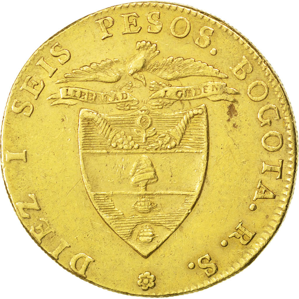 COLOMBIA, 16 Pesos, Diez I Seis, 1837, Bogota, KM #94.1, AU(50-53), Gold, 26.86