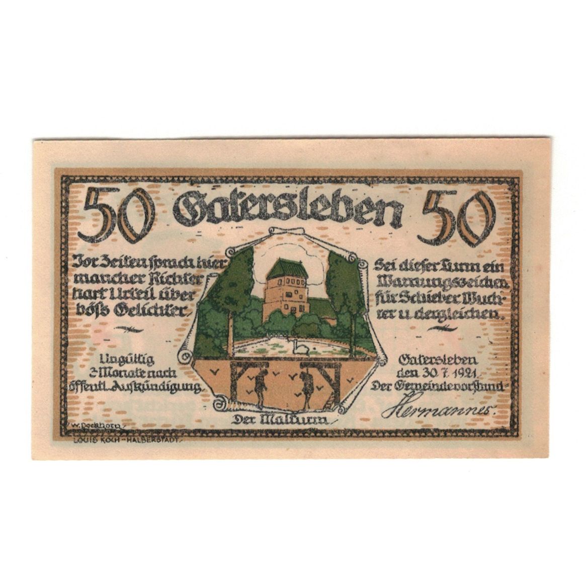 Geldschein, Deutschland, Gatersleben Gemeinde, 50 Pfennig, train 1, 1921
