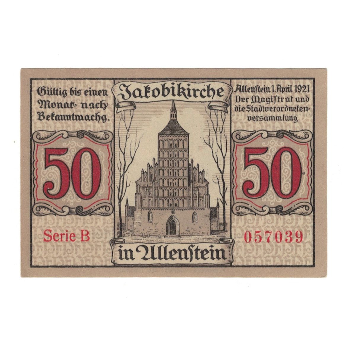 Banconote, Germania, Allenstein Stadt, 50 Pfennig, personnage, 1921, 1921-04-01