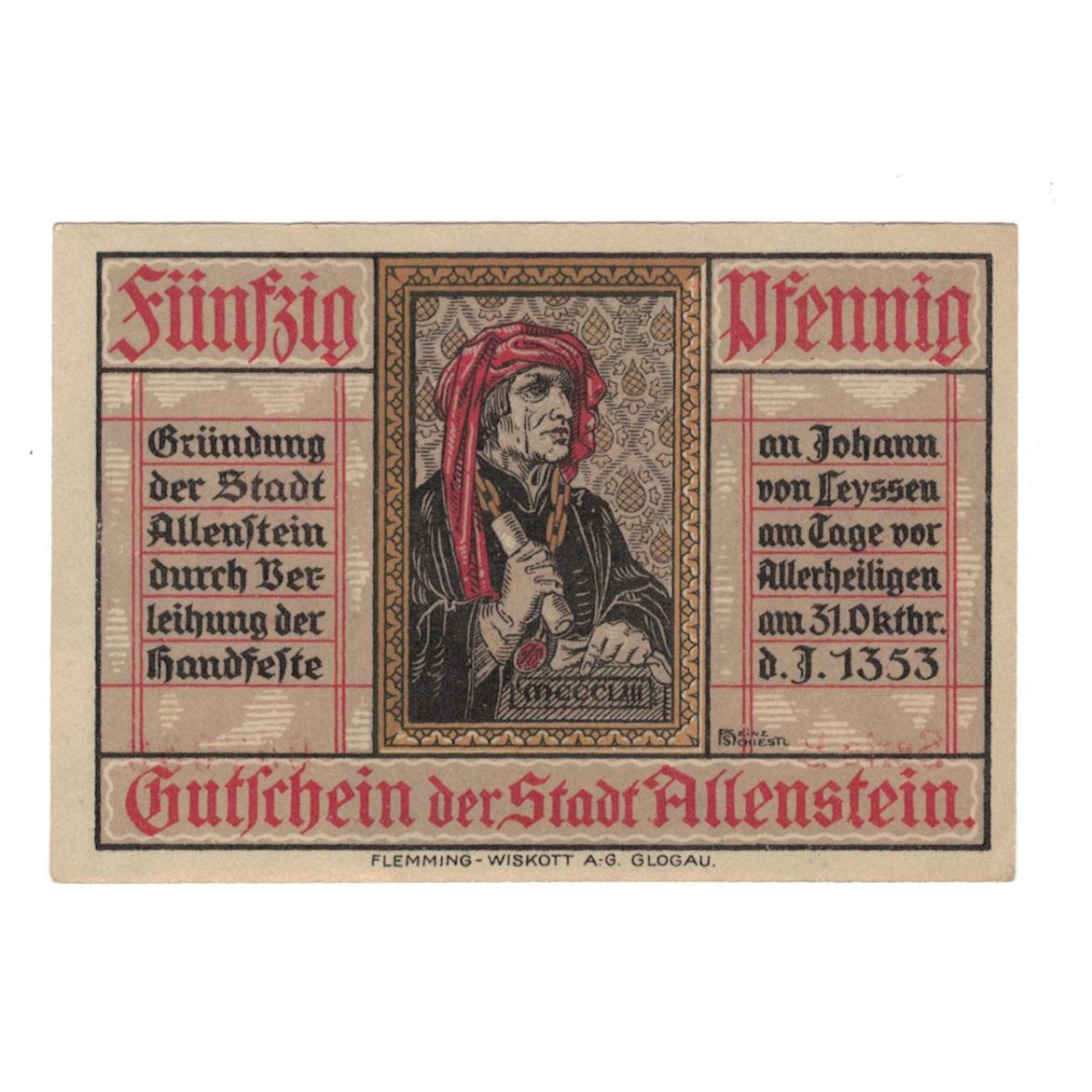 Banconote, Germania, Allenstein Stadt, 50 Pfennig, personnage, 1921, 1921-04-01