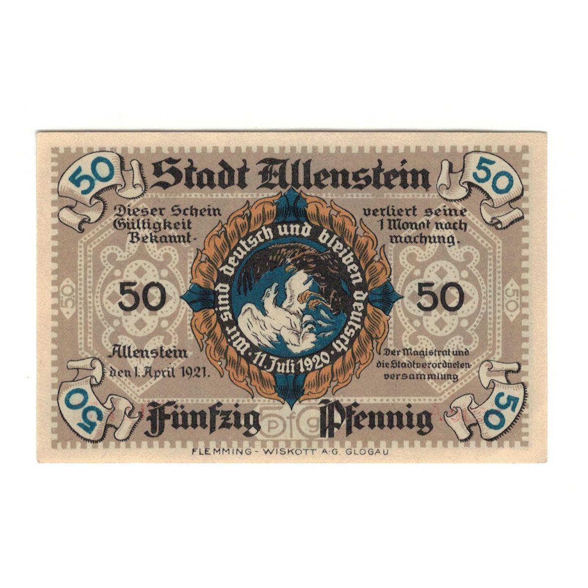 Banknote, Germany, Allenstein Stadt, 50 Pfennig, Monument, 1921, 1921-04-01