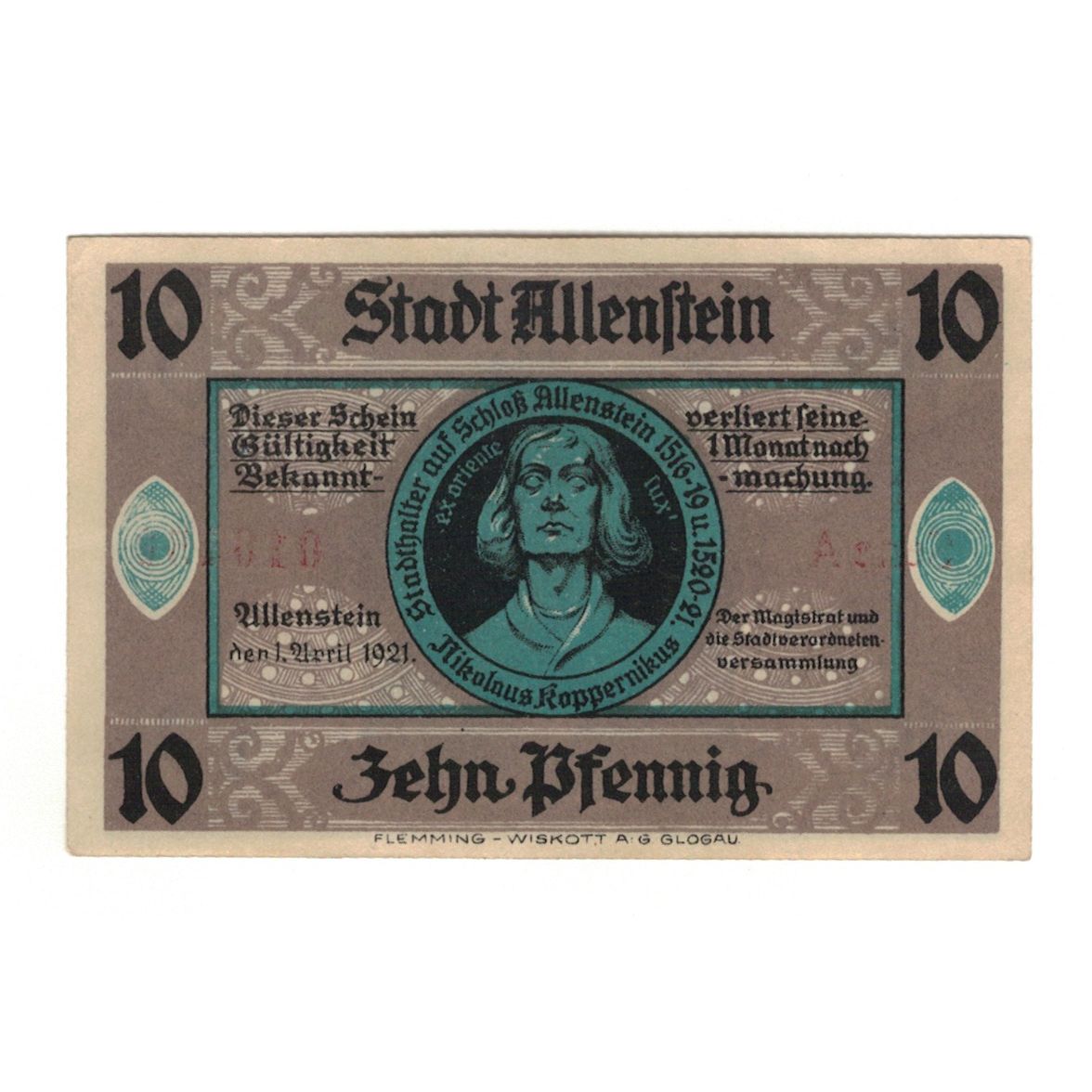 Banknote, Germany, Allenstein Stadt, 10 Pfennig, personnage, 1921, 1921-04-01