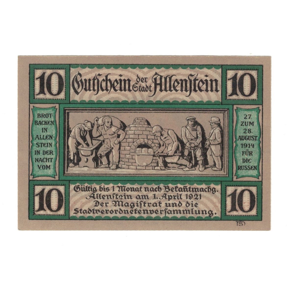 Banknote, Germany, Allenstein Stadt, 10 Pfennig, personnage, 1921, 1921-04-01