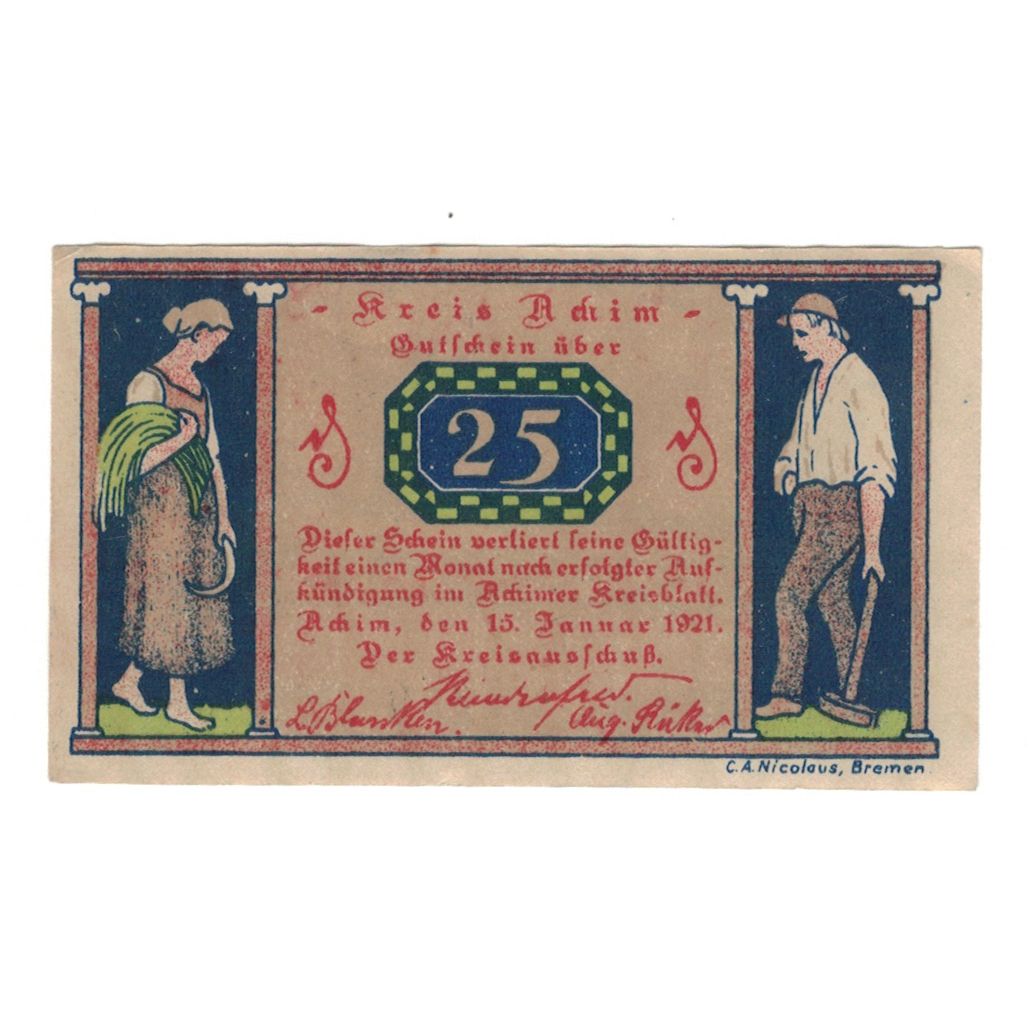 Billet, Allemagne, Achim Kreis, 25 Pfennig, paysage 1, 1921, 1921-01-15, SUP