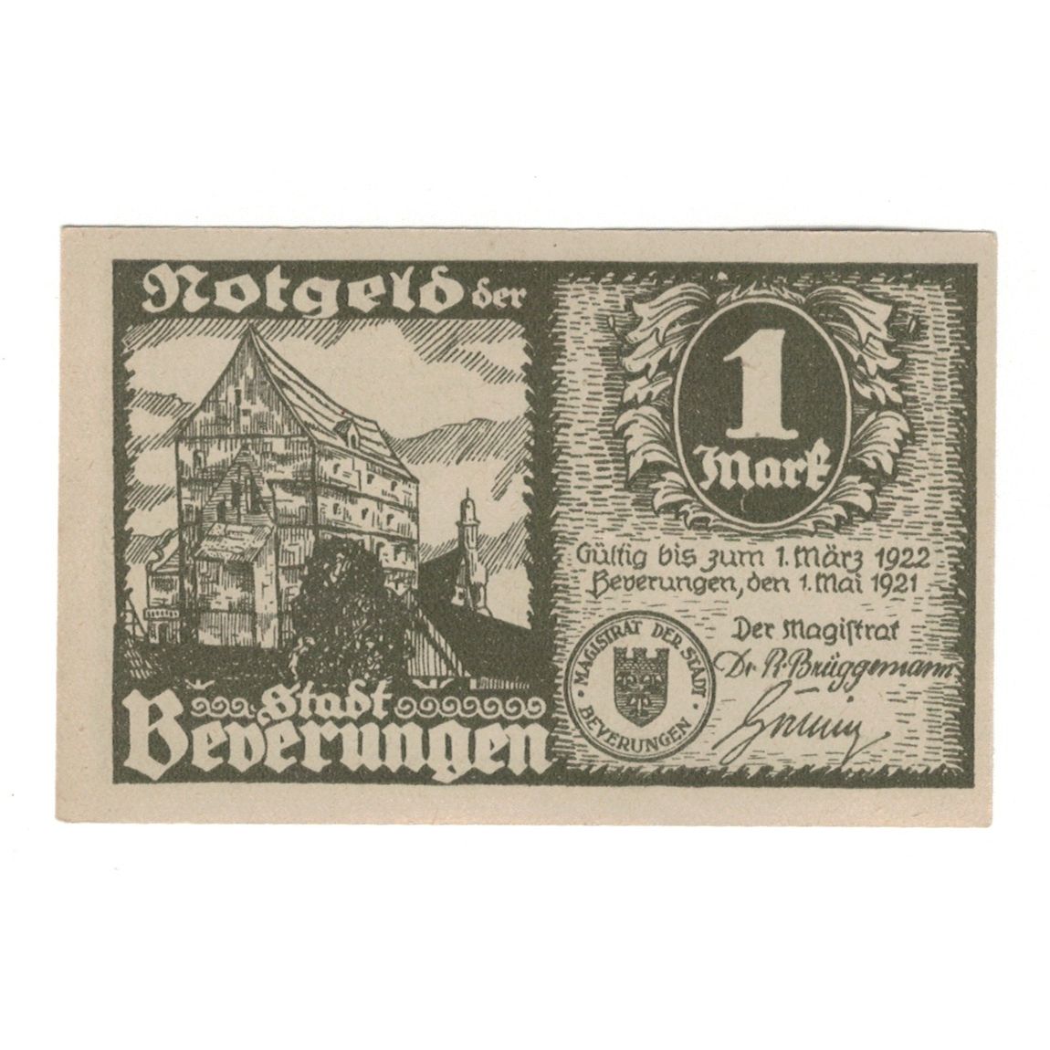 Banknote, Germany, Beverungen Stadt, 1 Mark, maison 1, 1921, 1922-03-01
