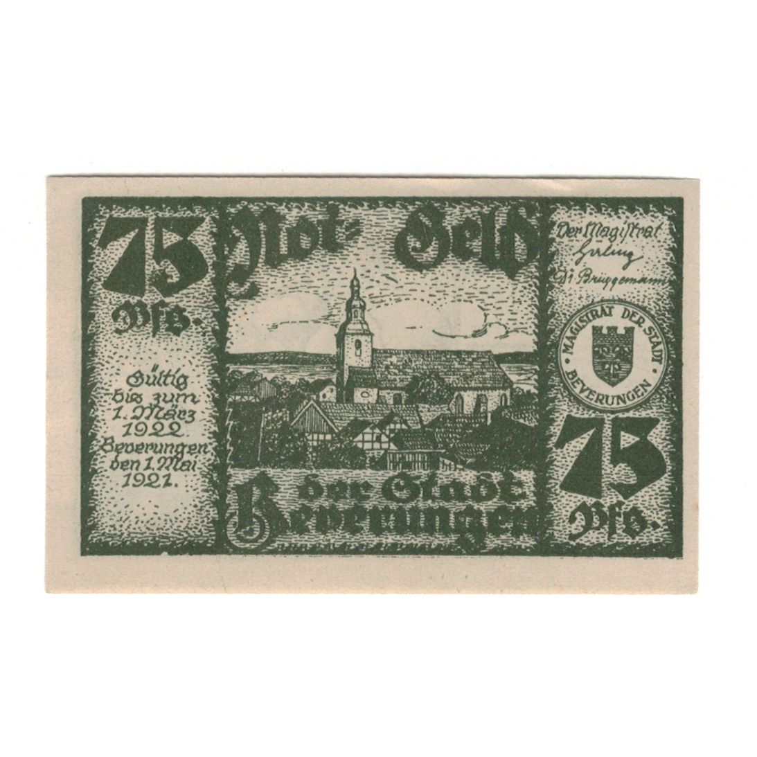 Banknote, Germany, Beverungen Stadt, 75 Pfennig, village, 1921, 1922-03-01