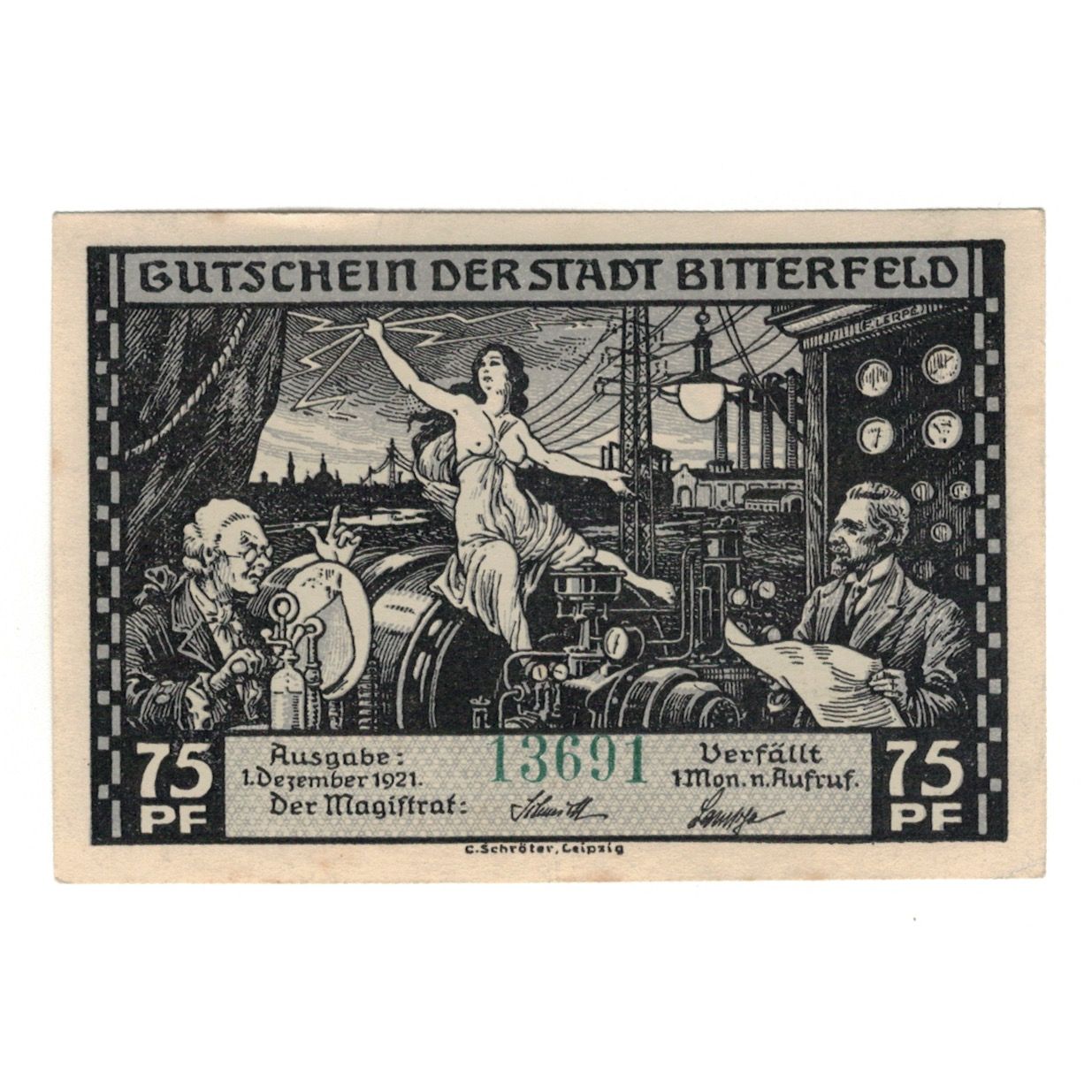 Geldschein, Deutschland, Bitterfeld Stadt, 75 Pfennig, train, 1921, 1921-12-01