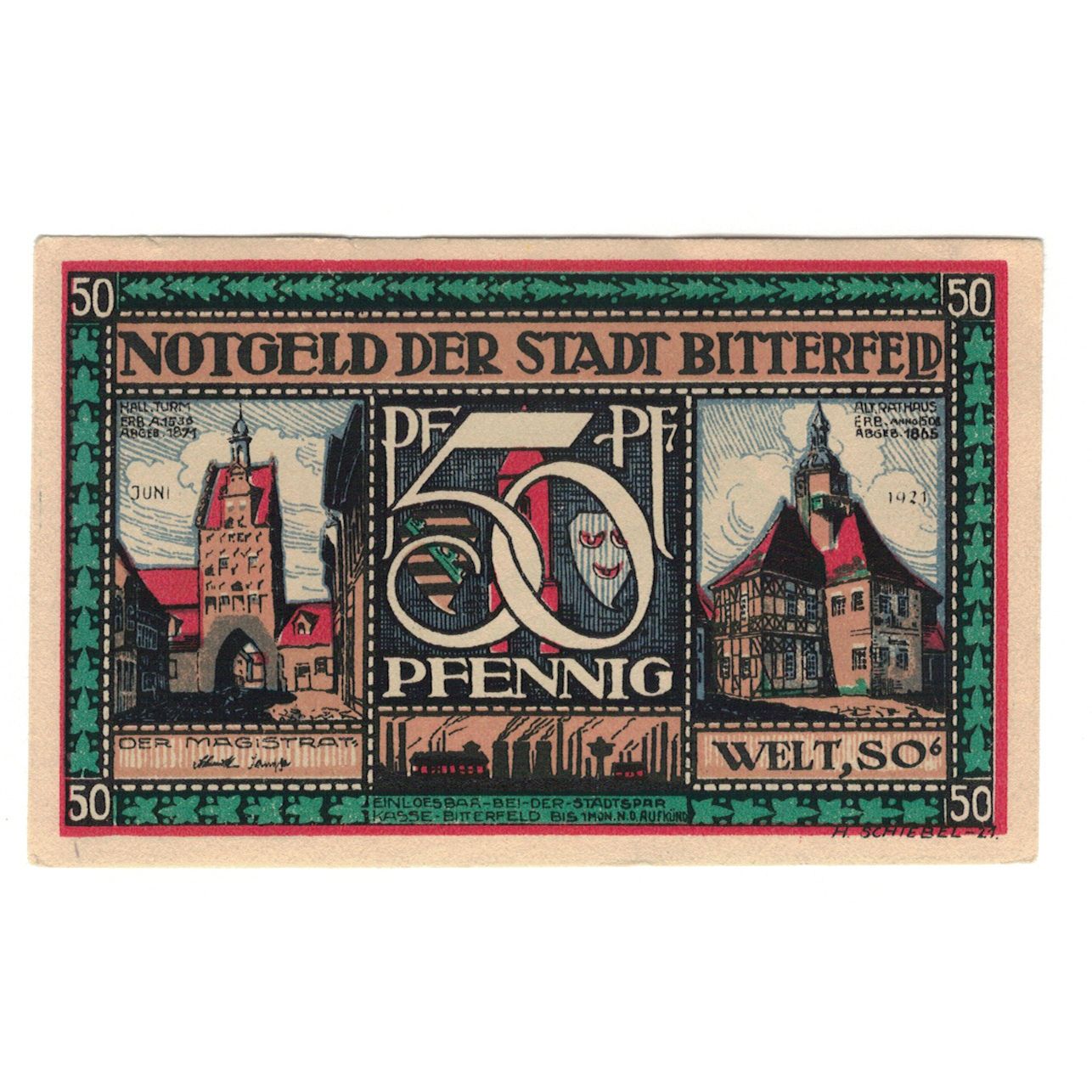Billet, Allemagne, Bitterfeld Stadt, 50 Pfennig, village, 1921, 1921-12-01