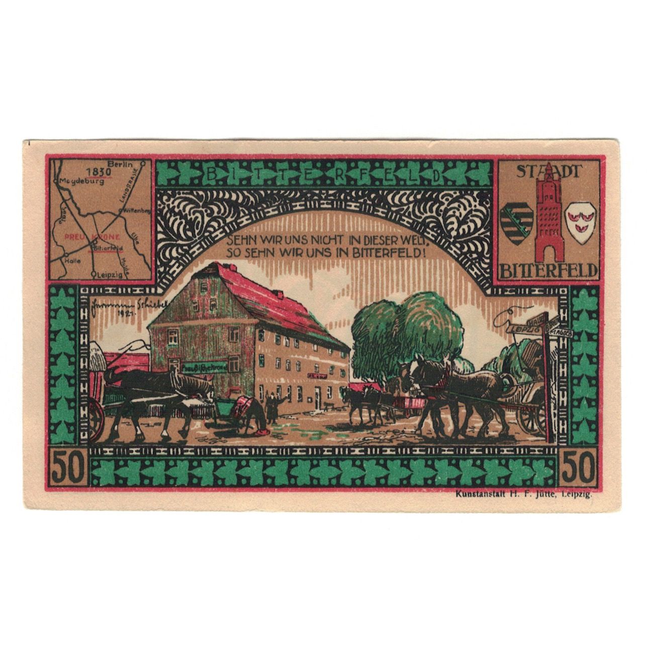 Billet, Allemagne, Bitterfeld Stadt, 50 Pfennig, village, 1921, 1921-12-01