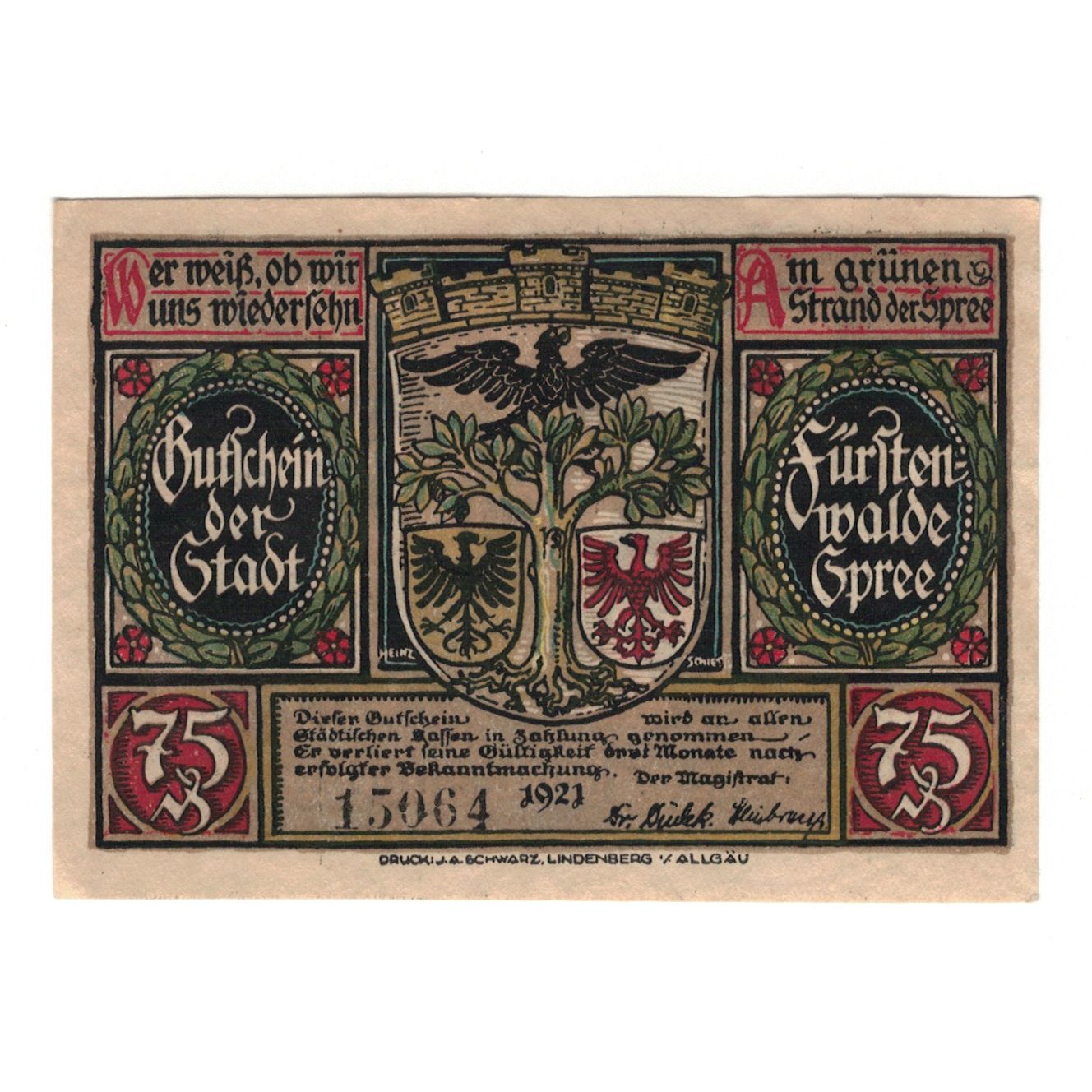 Banknote, Germany, Fürstenwalde Stadt, 75 Pfennig, personnage, 1921, AU(55-58)