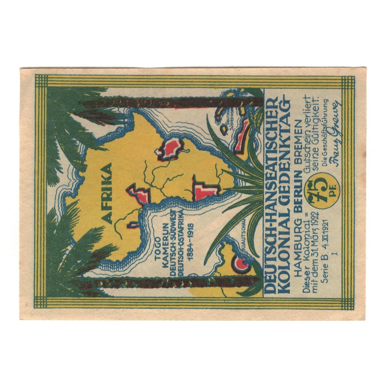 Banknote, Germany, Berlin Deutsch-Hanseatischer Kolonialgedanktag, 75 Pfennig