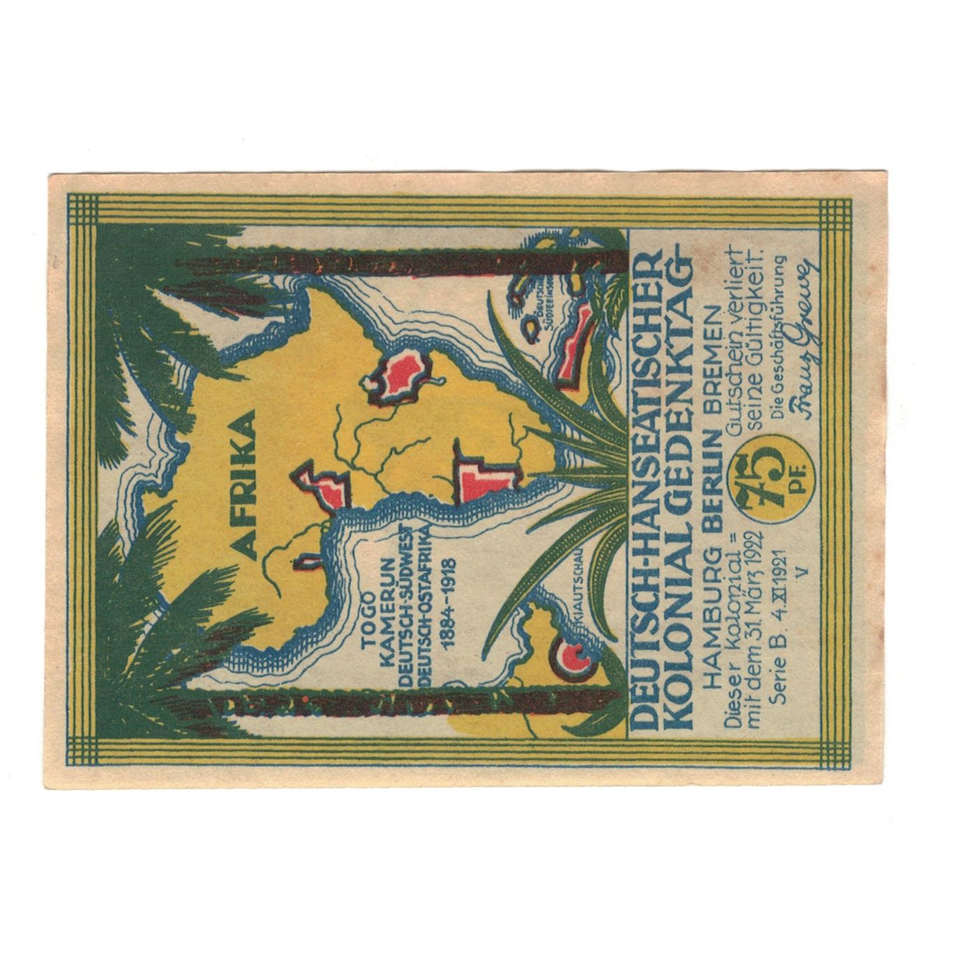 Banknote, Germany, Berlin Deutsch-Hanseatischer Kolonialgedanktag, 75 Pfennig