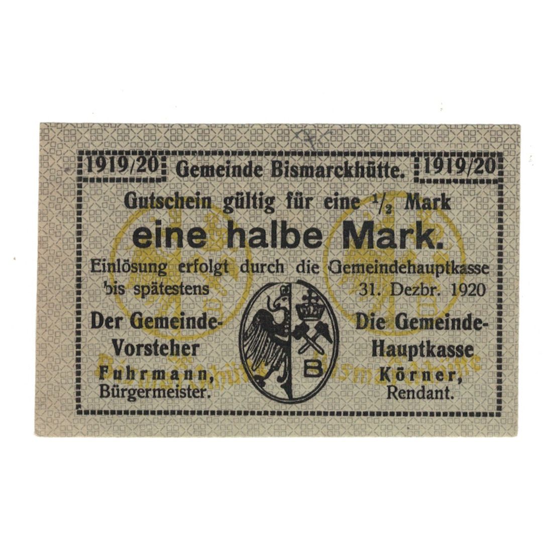 Banconote, Germania, Bismarckhütte Gemeinde, 1/2 Mark, Ecusson, 1920
