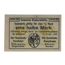 Banconote, Germania, Bismarckhütte Gemeinde, 1/2 Mark, Ecusson, 1920