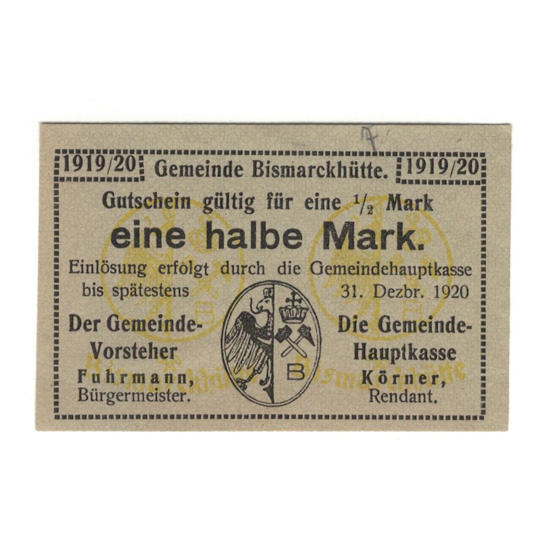 Geldschein, Deutschland, Bismarckhütte Gemeinde, 1/2 Mark, Ecusson 1, 1920