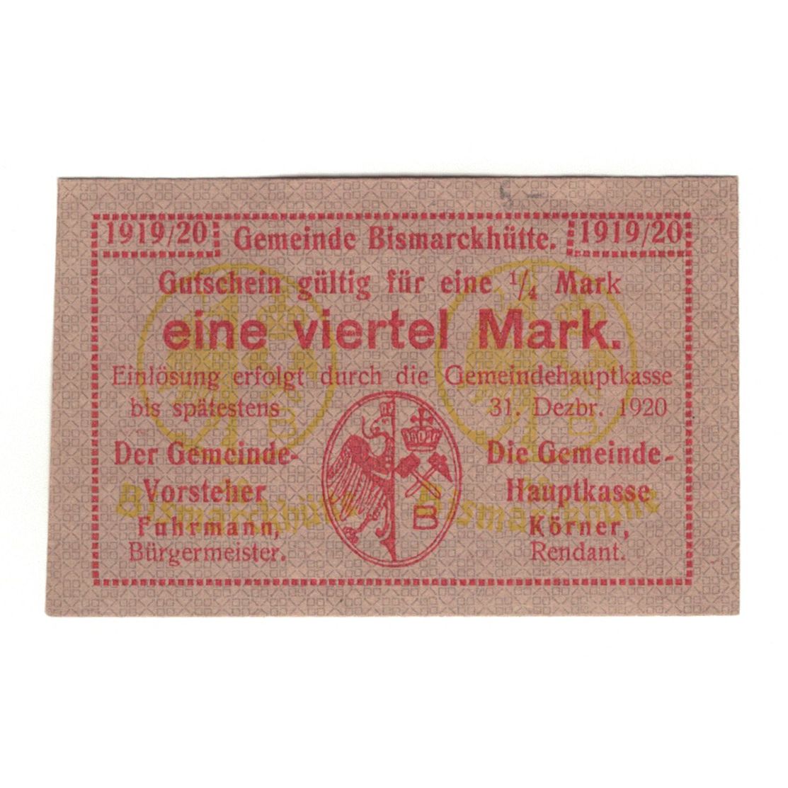 Banconote, Germania, Bismarckhütte Gemeinde, 1/4 Mark, Ecusson, 1920