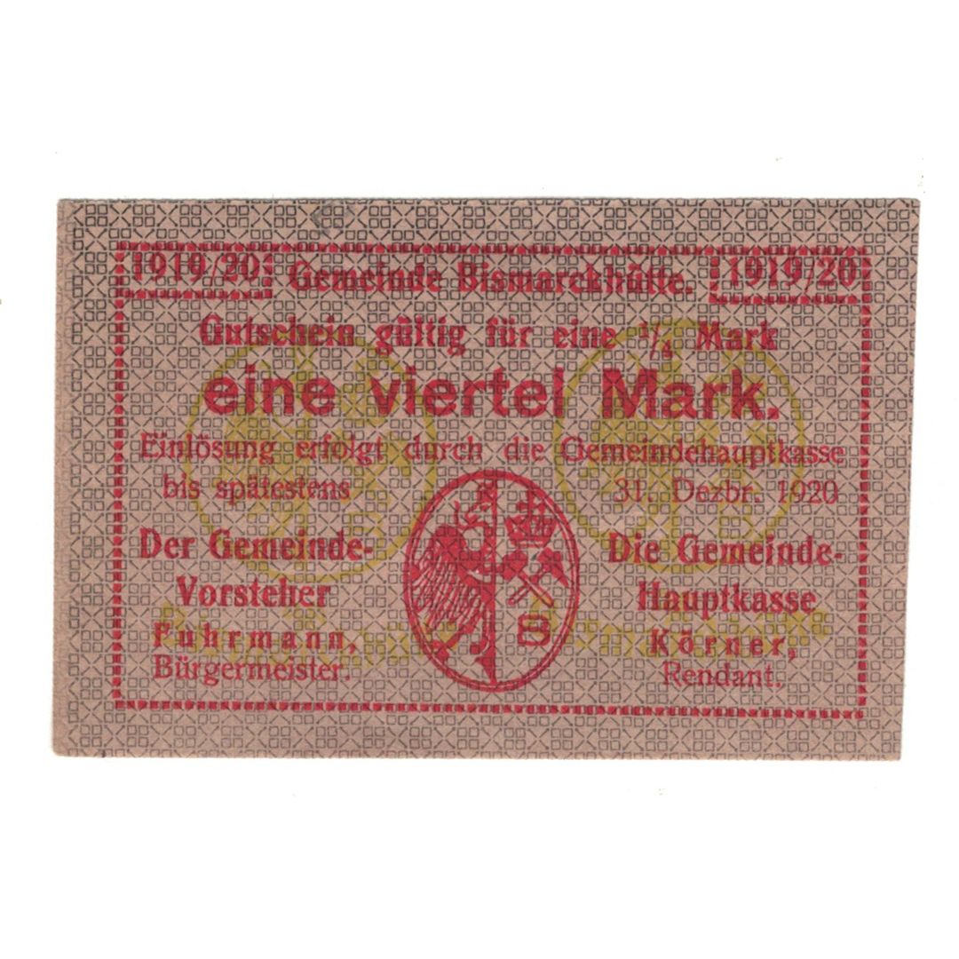 Geldschein, Deutschland, Bismarckhütte Gemeinde, 1/4 Mark, Ecusson 1, 1920