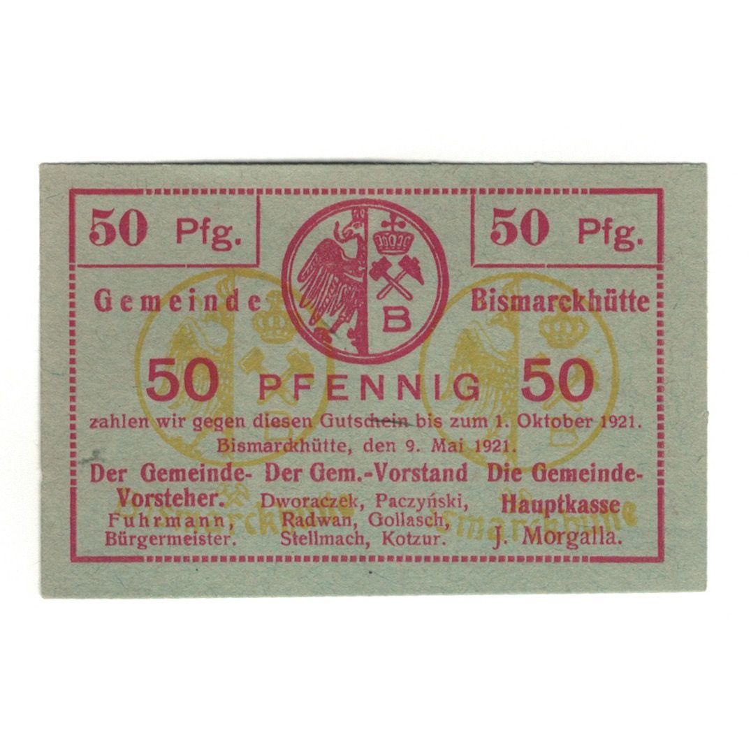 Banknot, Niemcy, Bismarckhütte Gemeinde, 50 Pfennig, Ecusson, 1920, 1920-12-31