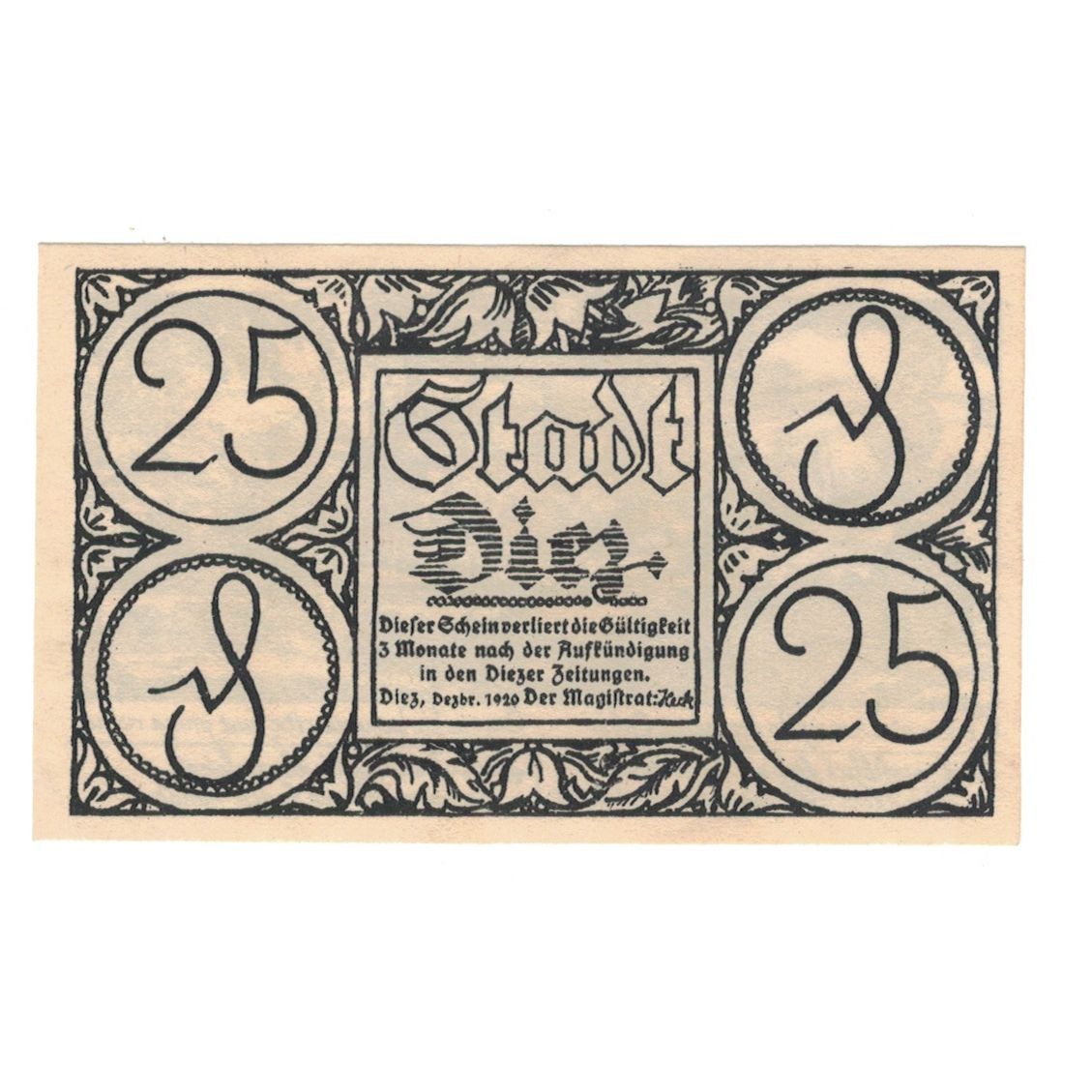 Billet, Allemagne, Diez Stadt, 25 Pfennig, village 2, 1920, SUP, Mehl:D15.6