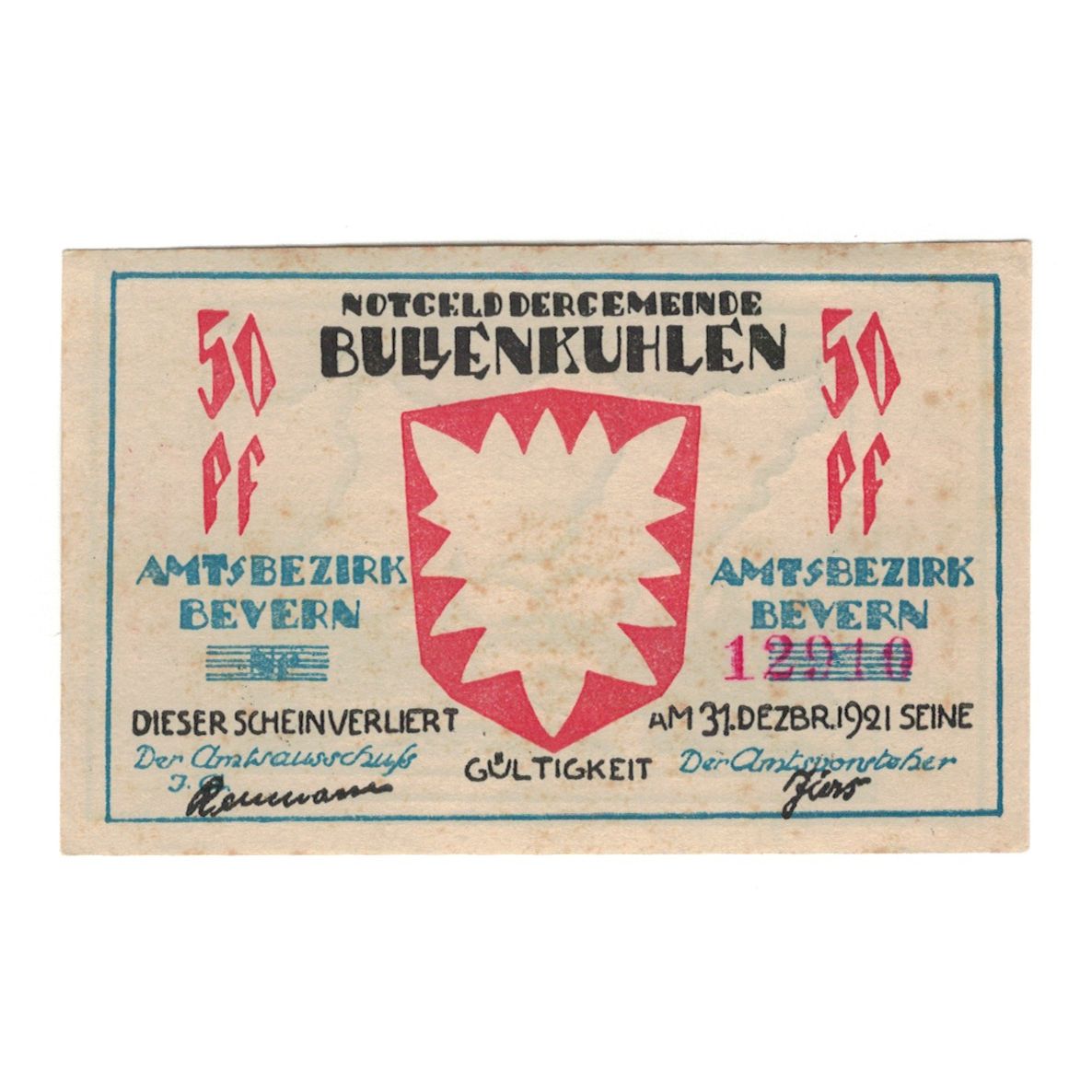 Banconote, Germania, Bullenkuhlen Gemeinde, 50 Pfennig, paysage, 1921