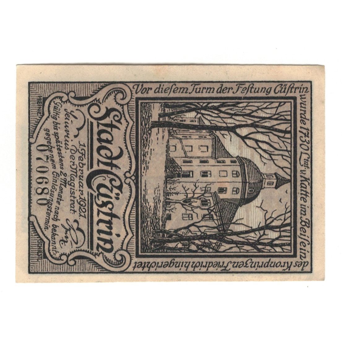 Banconote, Germania, Cüstrin Stadt, 50 Pfennig, Poissons, 1921, 1921-02-01