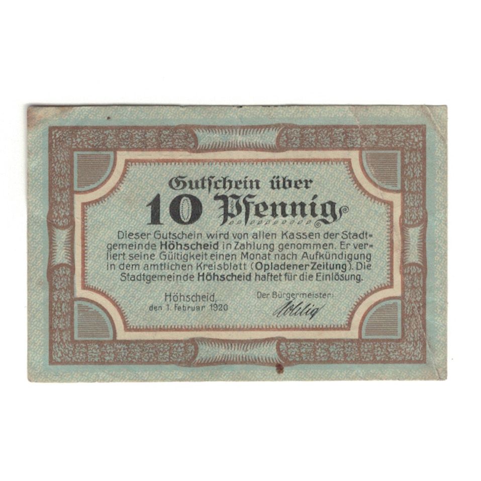 Banknote, Germany, Höhscheid Stadt, 10 Pfennig, valeur faciale, 1920