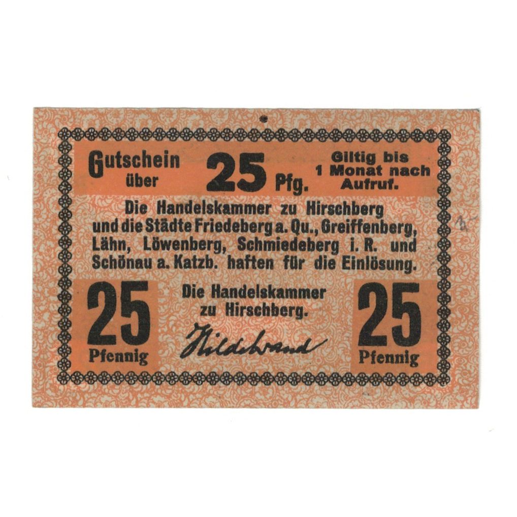 Banknote, Germany, Hirschberg i. Schles Stadt, 25 Pfennig, valeur faciale, 1920