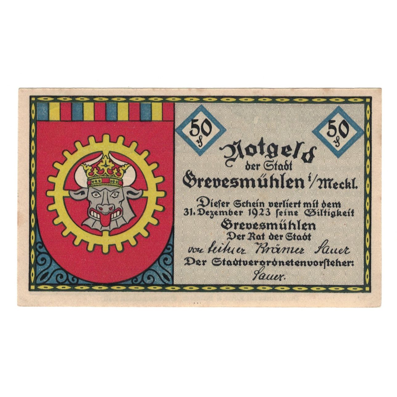 Billet, Allemagne, Grevesmuhlen Stadt, 50 Pfennig, paysage, 1923, 1923-12-31