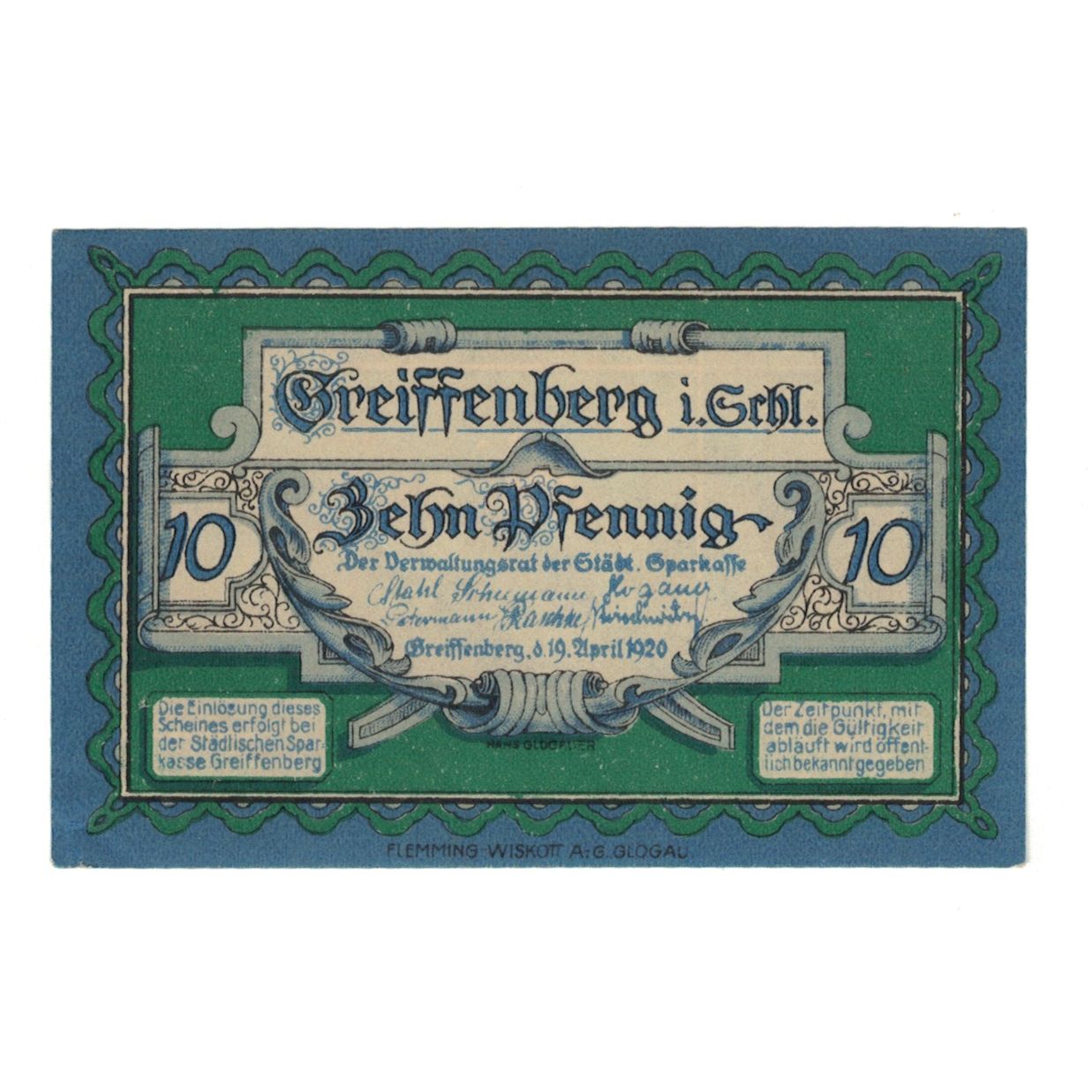 Banknote, Germany, Greiffenberg, 10 Pfennig, ruine, 1920, 1920-04-19