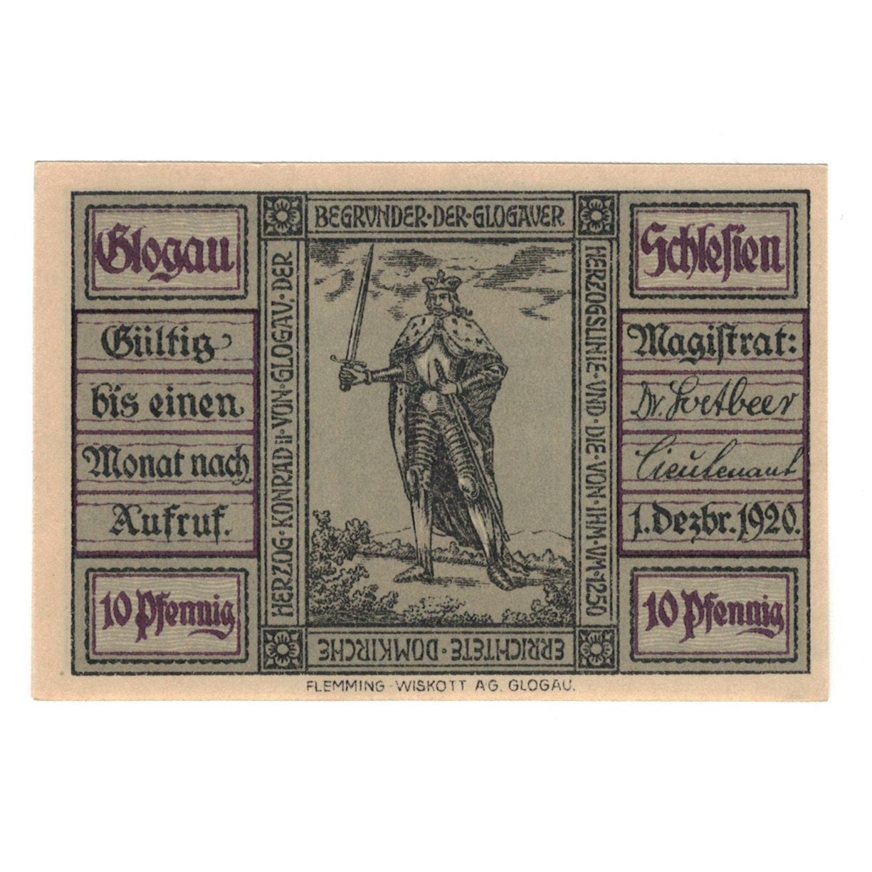 Banknote, Germany, Glogau, 10 Pfennig, personnage 1, 1920, 1920-12-01