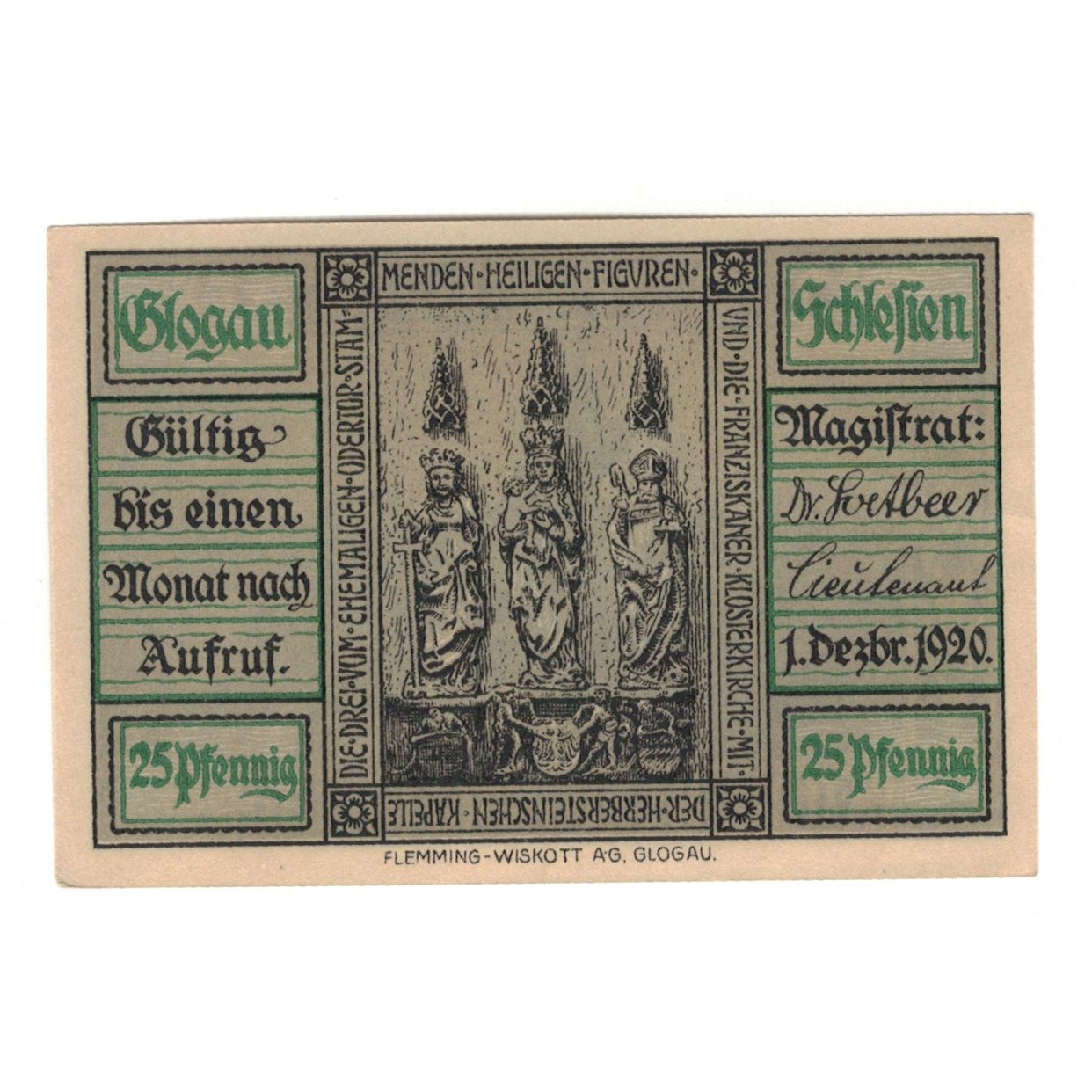 Banknote, Germany, Glogau Stadt, 25 Pfennig, statue, 1920, 1920-12-01