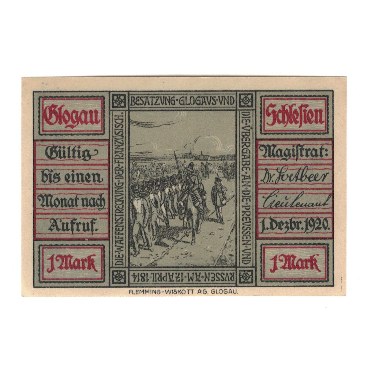 Banknote, Germany, Glogau Stadt, 1 Mark, cavalier 2, 1920, 1920-12-01