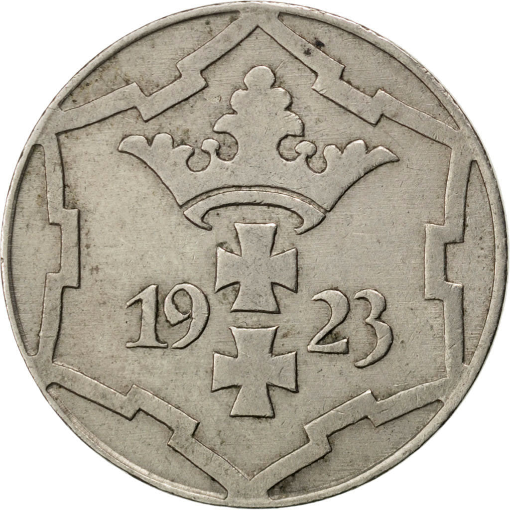 DANZIG, 10 Pfennig, 1923, KM #143, AU(50-53), Copper-Nickel, 4.05