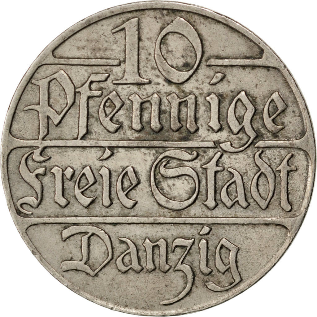 DANZIG, 10 Pfennig, 1923, KM #143, AU(50-53), Copper-Nickel, 4.05