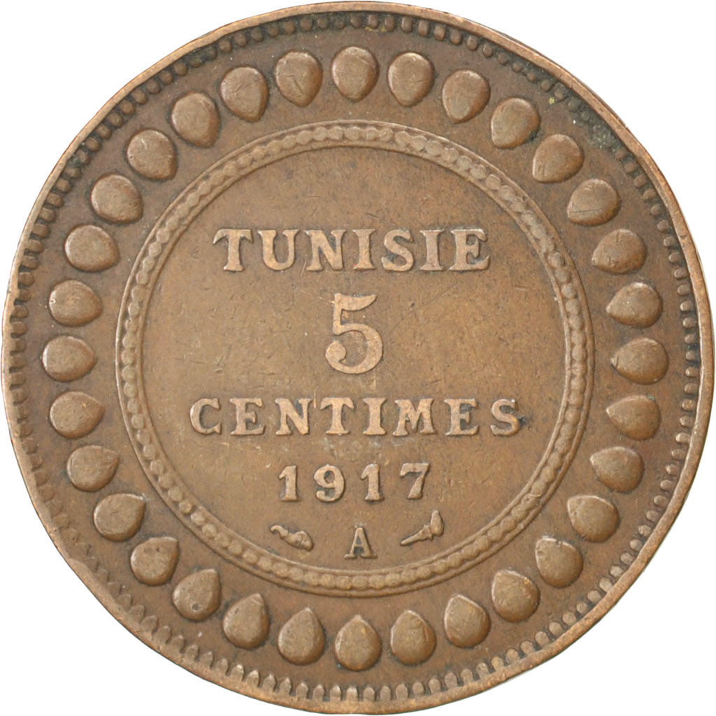 TUNISIA, 5 Centimes, 1917, Paris, KM #235, EF(40-45), Bronze, 26, 5.03