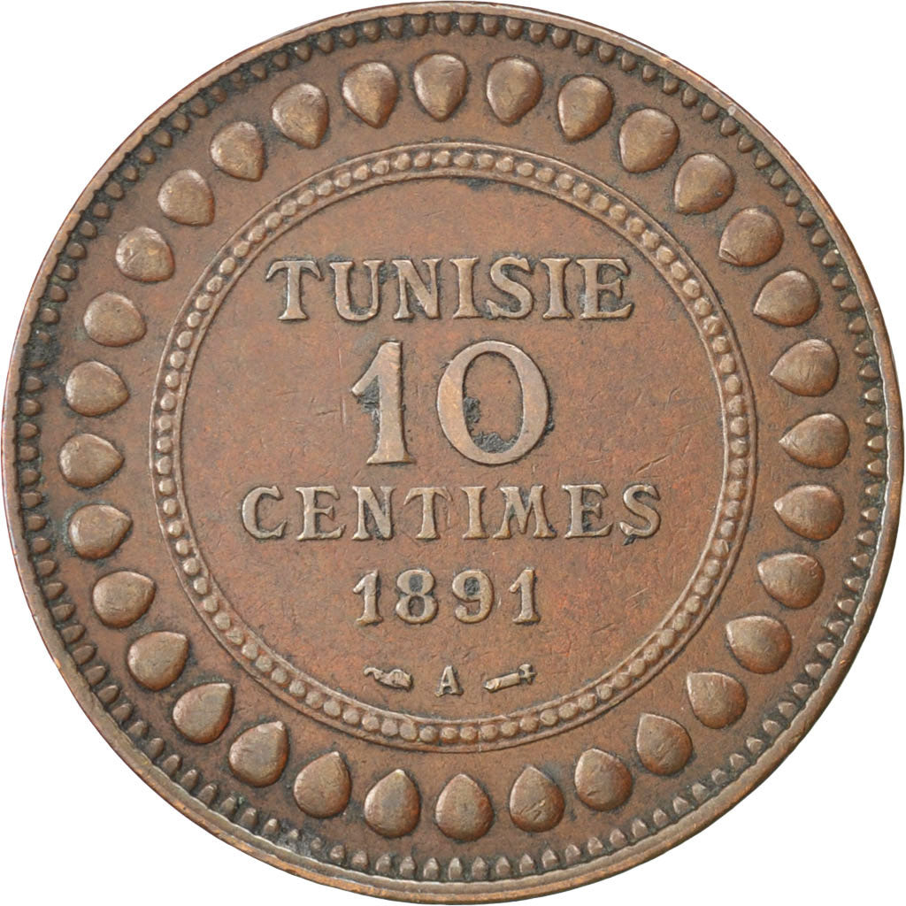 TUNISIA, 10 Centimes, 1891, Paris, KM #222, AU(50-53), Bronze, 9.97