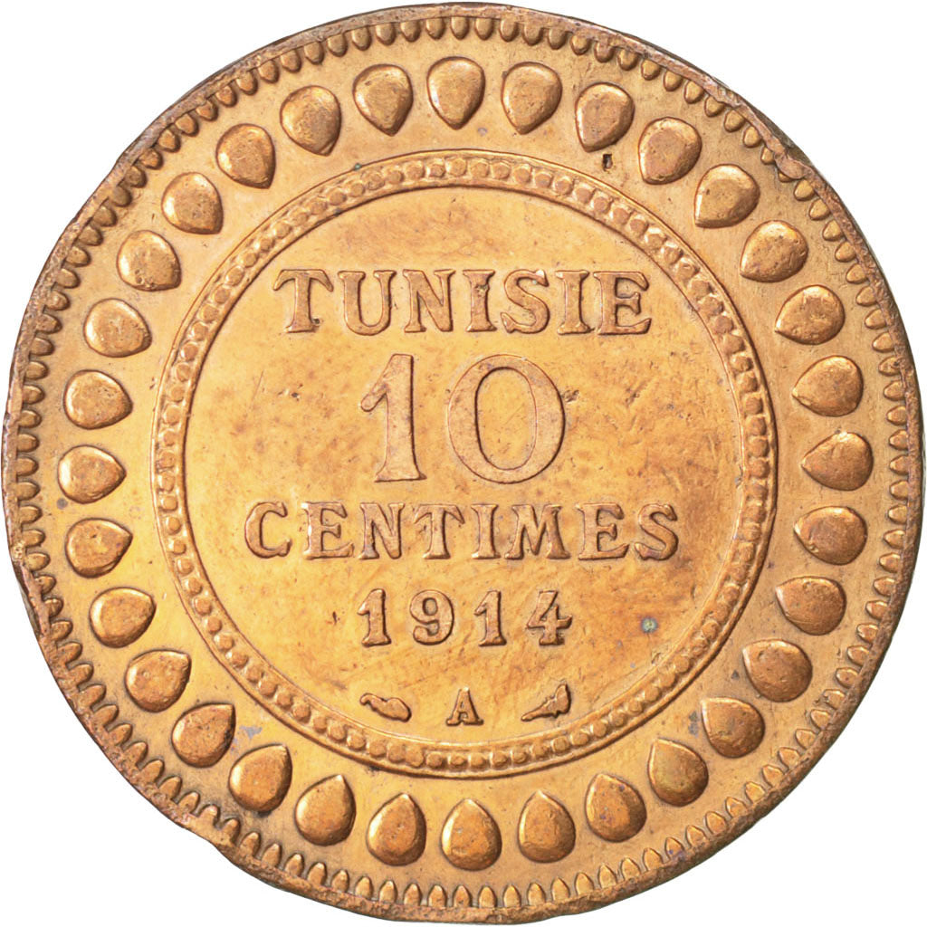 TUNISIA, 10 Centimes, 1914, Paris, KM #236, EF(40-45), Bronze, 9.84
