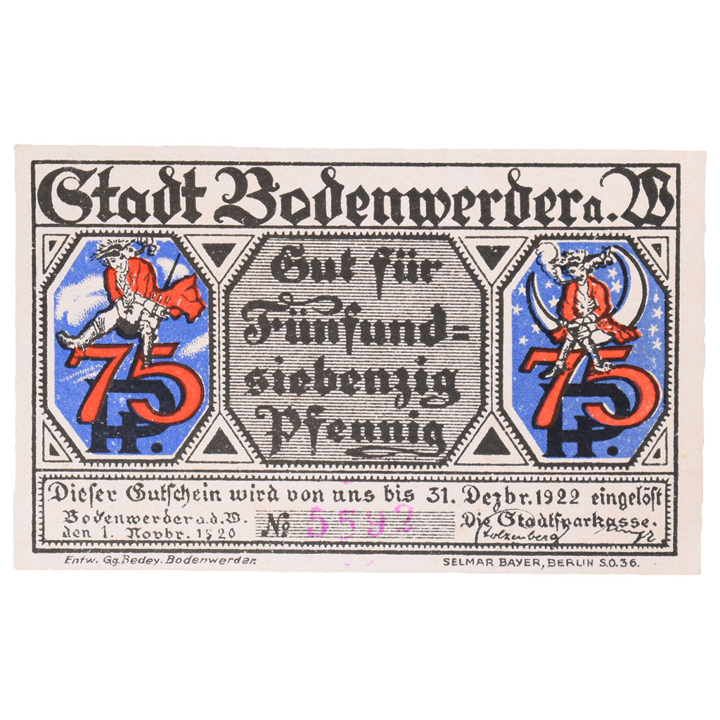 Banknot, Niemcy, Bodenwerder Stadtsparkasse, 75 Pfennig, cavalier, 1922