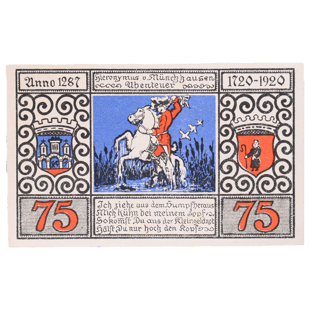 Banknot, Niemcy, Bodenwerder Stadtsparkasse, 75 Pfennig, cavalier, 1922