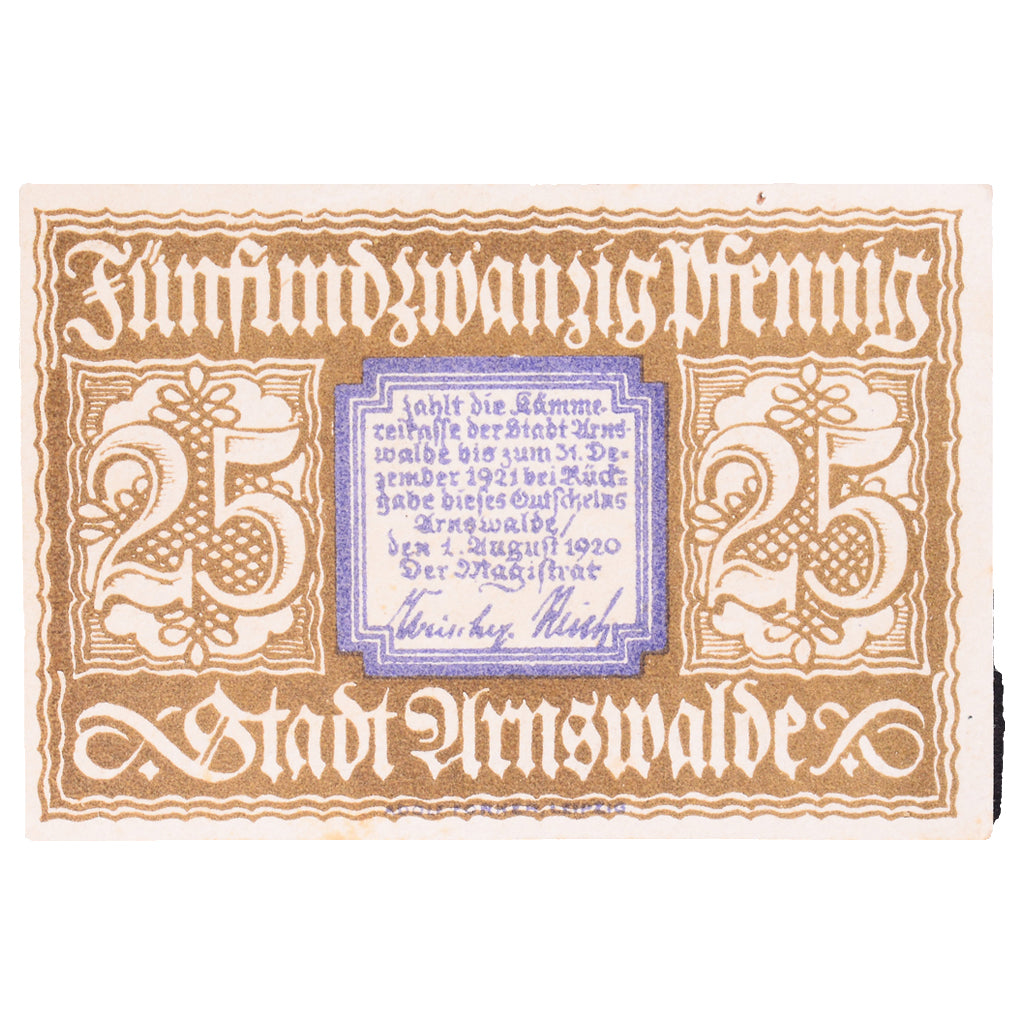Banknote, Germany, Arnswalde Stadt, 25 Pfennig, château, 1920, 1920-08-01