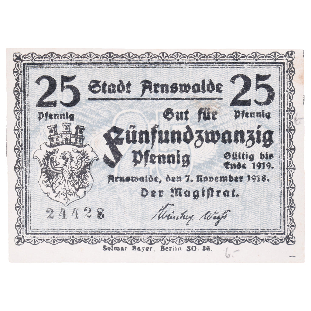 Banknote, Germany, Arnswalde Stadt, 25 Pfennig, Blason, 1918, 1918-11-07