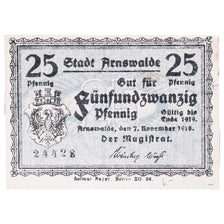Banknote, Germany, Arnswalde Stadt, 25 Pfennig, Blason, 1918, 1918-11-07