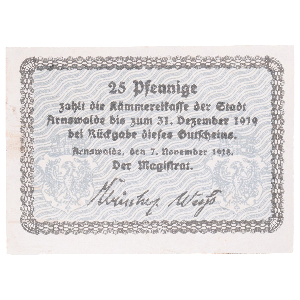 Banknote, Germany, Arnswalde Stadt, 25 Pfennig, Blason, 1918, 1918-11-07