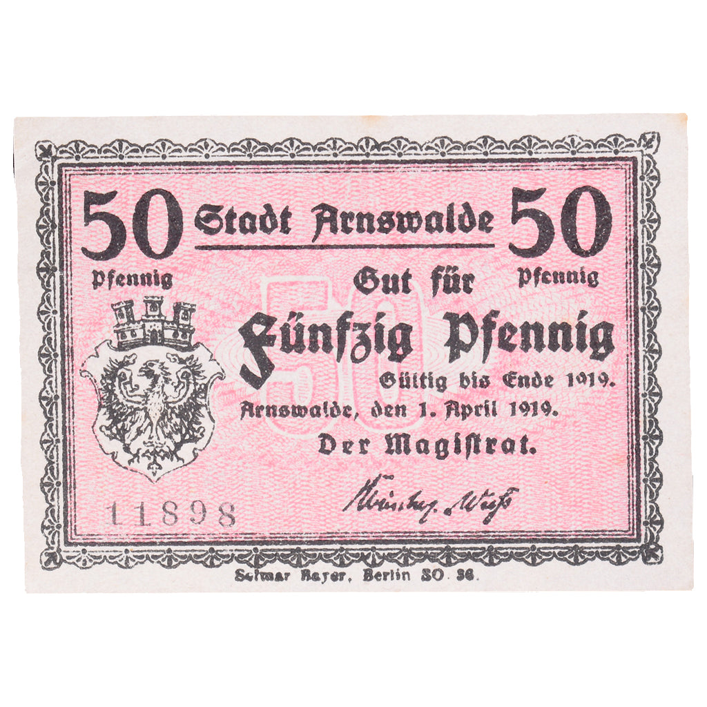 Banknote, Germany, Arnswalde Stadt, 50 Pfennig, Blason, 1919, 1919-04-01