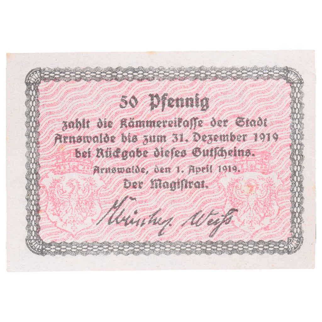 Banknote, Germany, Arnswalde Stadt, 50 Pfennig, Blason, 1919, 1919-04-01