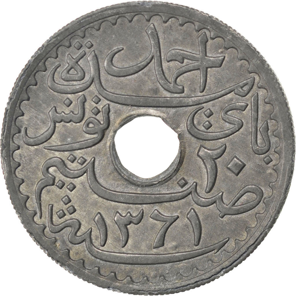 TUNISIA, 20 Centimes, 1942, Paris, KM #268, AU(50-53), Zinc, 3.69