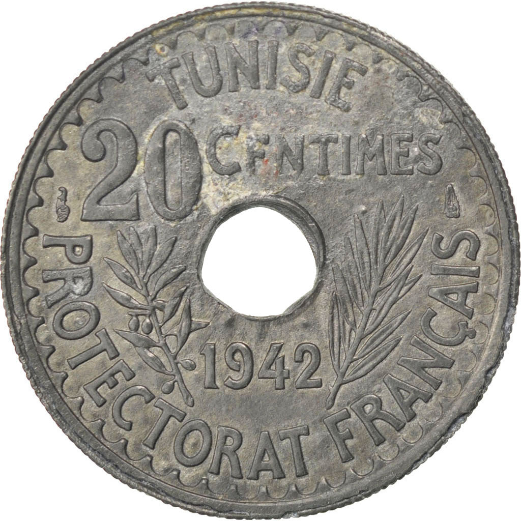 TUNISIA, 20 Centimes, 1942, Paris, KM #268, AU(50-53), Zinc, 3.69