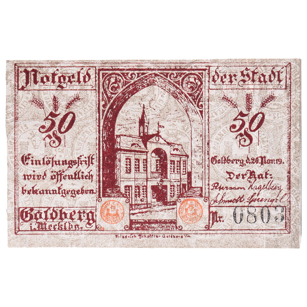 Banknote, Germany, Goldberg Stadt, 50 Pfennig, Batiment, 1919, 1919-11-20