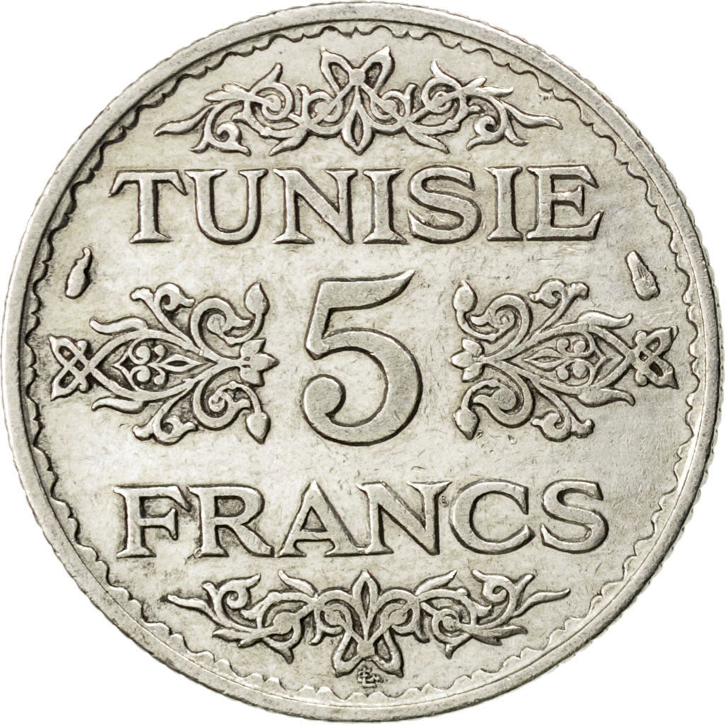 TUNISIA, 5 Francs, 1934, Paris, KM #261, AU(50-53), Silver, 4.94